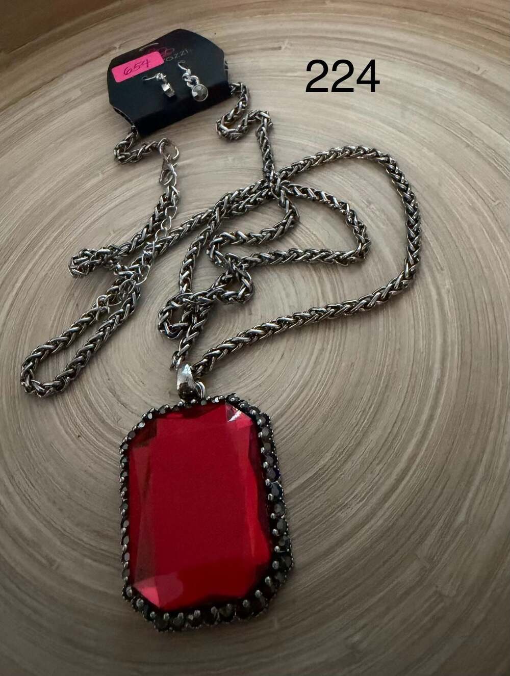 224 Paparazzi Red Emerald Cut Rhinestone Necklace and Earrings Set